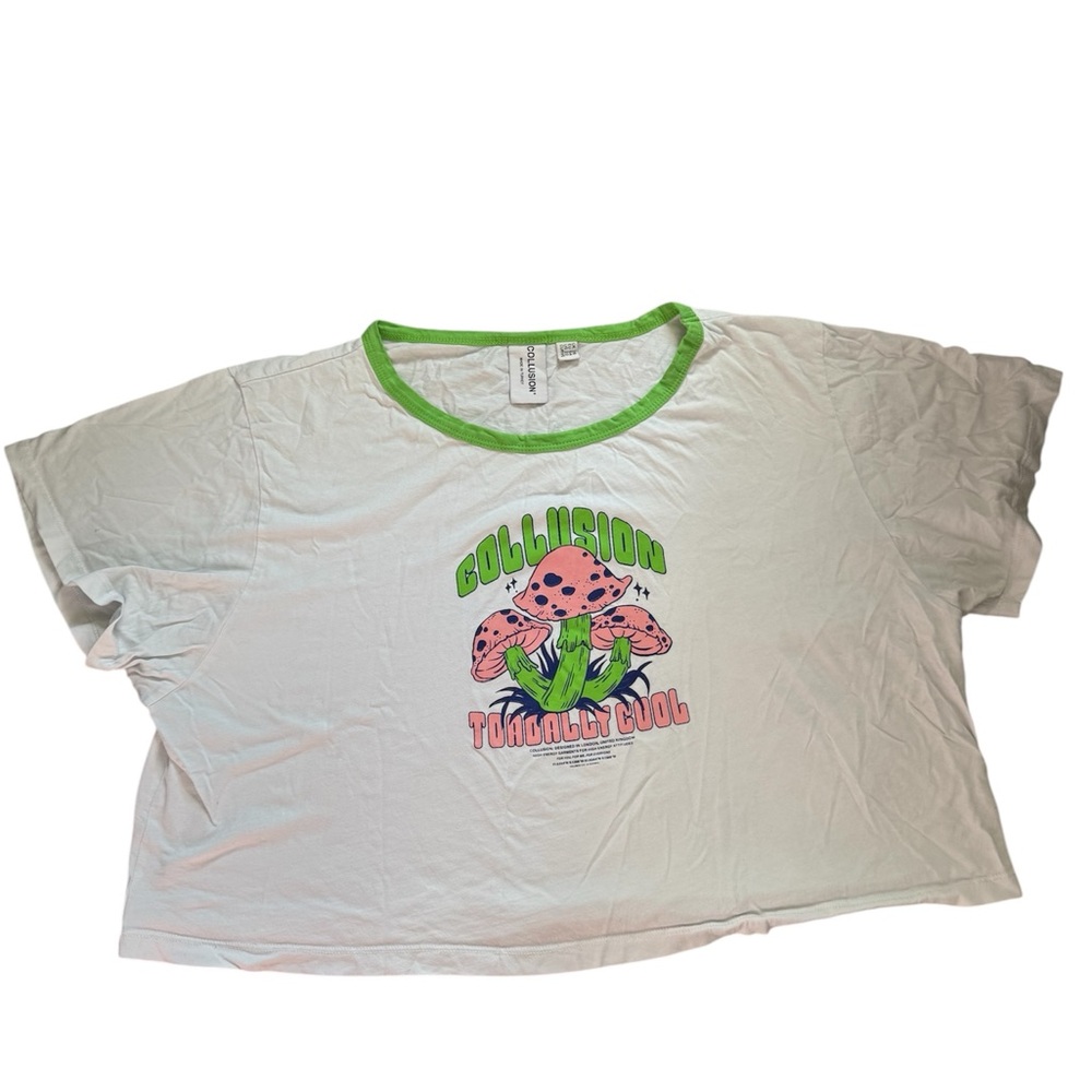 Collusion White and Green Mushroom Graphic Crop Top Plus Size 22W (26UK)